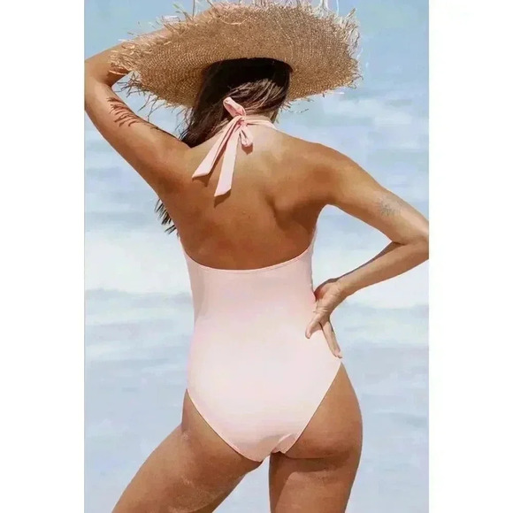 Cupshe Magnolia Plunge Pink V-neck Halter Tie Waist One Piece Swimsuit Size L - Picture 2 of 4